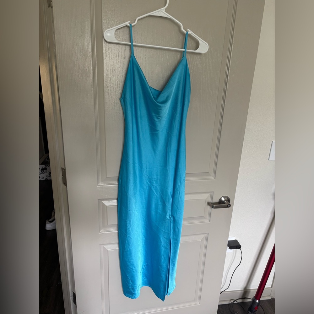 Cowl Neck Satin Sky Blue Midi Dress